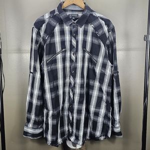 INC Black White & Gray Plaid Long Sleeve Button Down Shirt Size XL